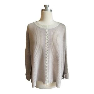 White & Warren Grey & White Crochet Knit Cashmere Sweater Soft Size Medium